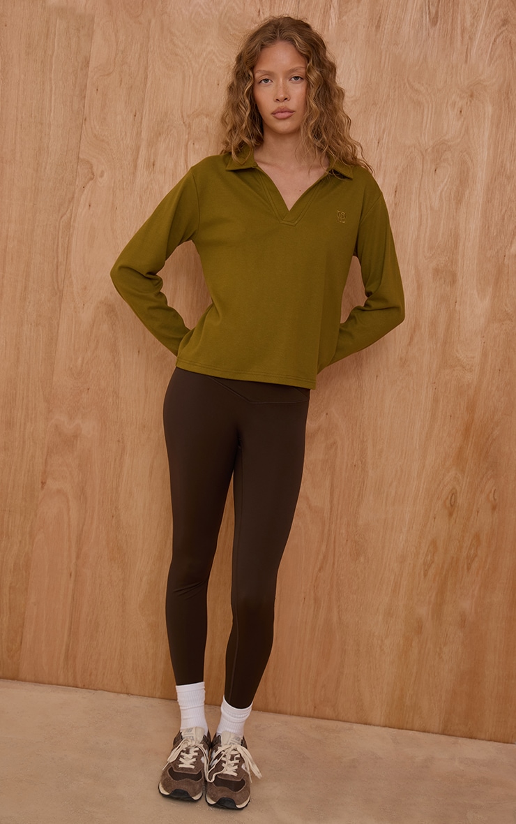 Olive Embroidered Longline Collar Top image 3