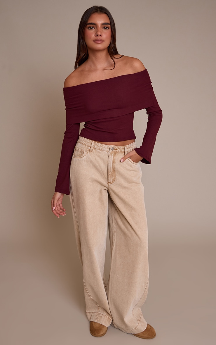 Wine Ultra Soft Deep Foldover Bardot Long Sleeve Top  image 3