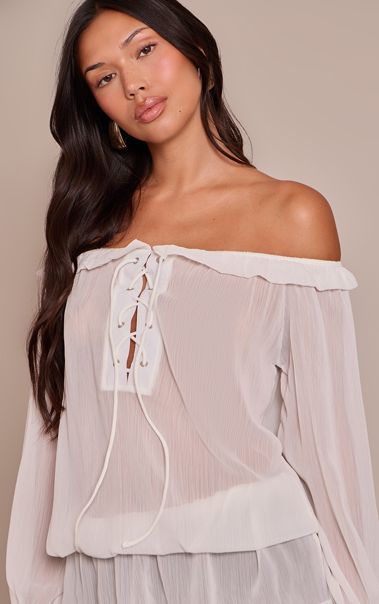Cream Chiffon Lace Up Detail Bardot Long Sleeve Top image 4