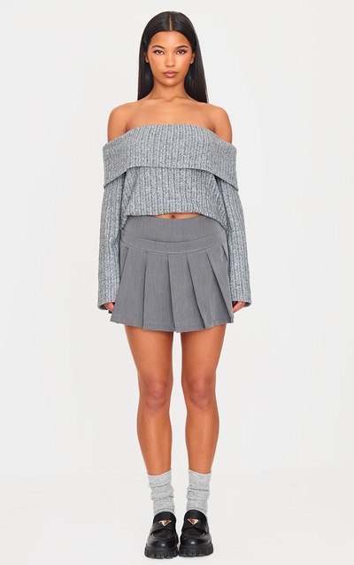 Grey Woven Pleated Mini Skirt (L) main image 0