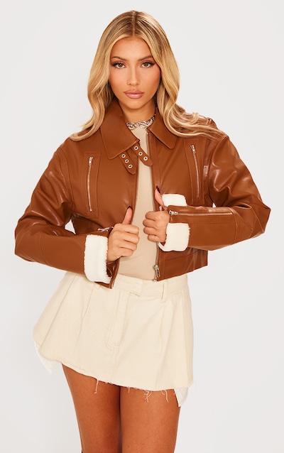 Tan Cropped Zipped Detail Aviator