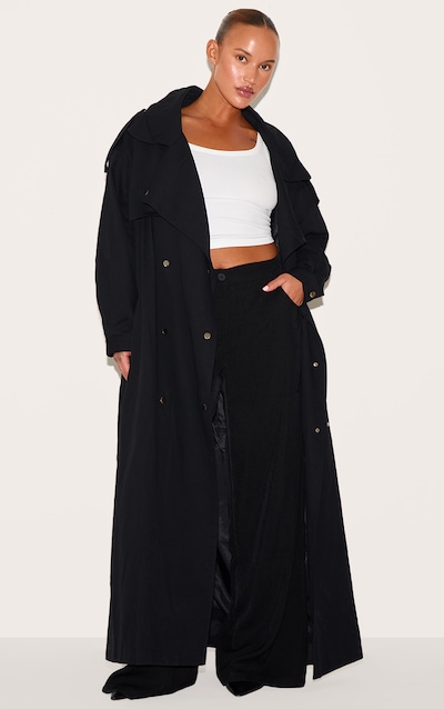 Plus Black Popper Detail Trench Coat