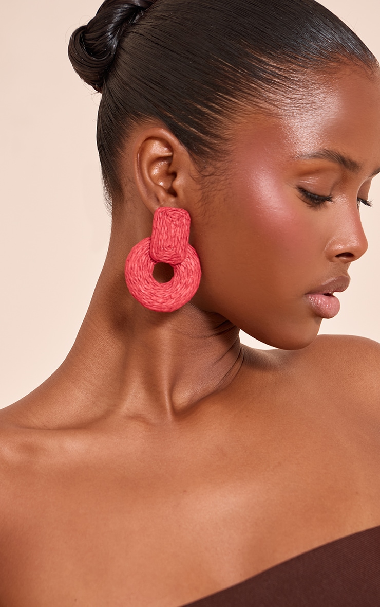 Bright Red Raffia Door Knocker Earrings image 1