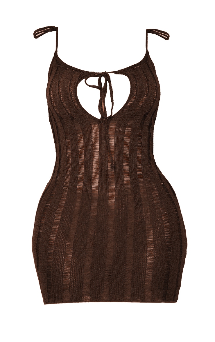 Shape Chocolate Brown Ladder Knit Tie Front Bodycon Dress image 5