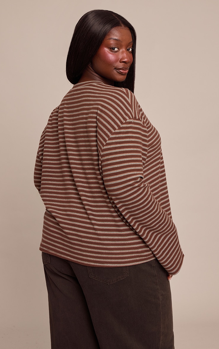 Plus Chocolate Striped Soft Fleece V Neck Sweatshirt image 2