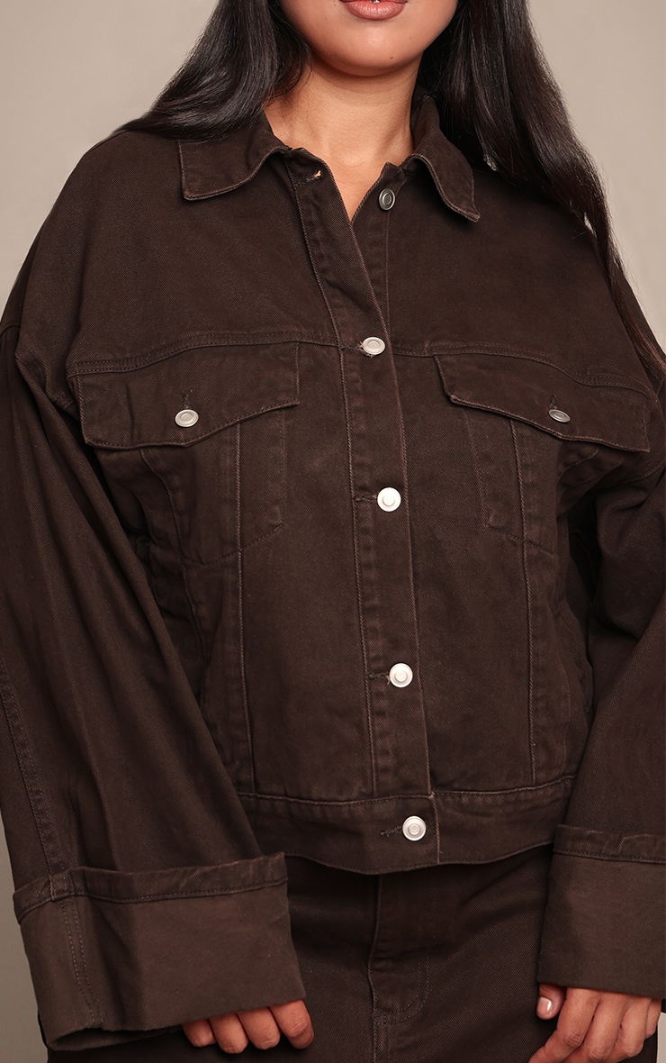 Plus Chocolate Turn Up Cuff Contrast Stitch Denim Jacket image 4