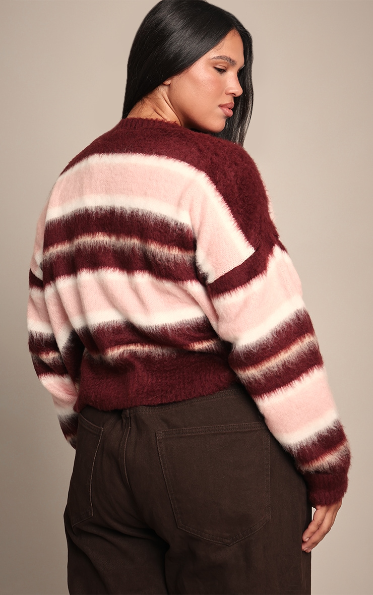 Plus Burgundy Striped Brushed Knit Cardigan image 2