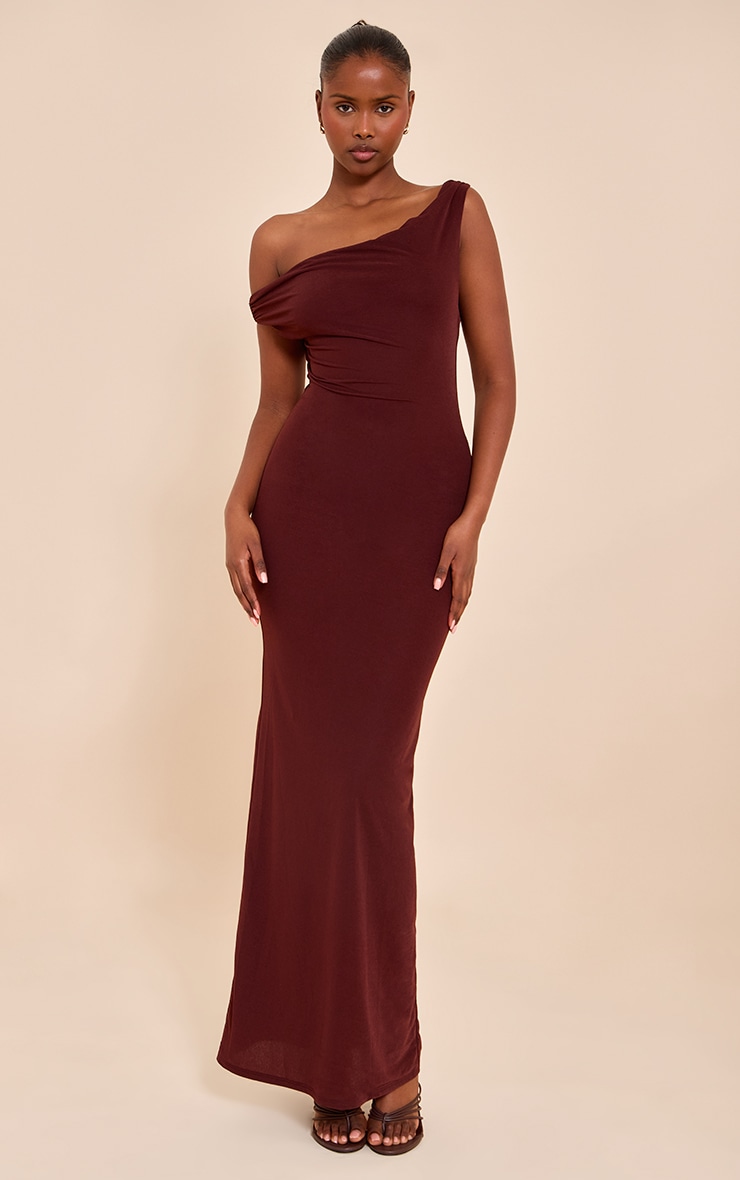 Chocolate Double Layered Chiffon Asymmetric Maxi Dress image 1