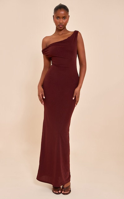 Chocolate Double Layered Chiffon Asymmetric Maxi Dress