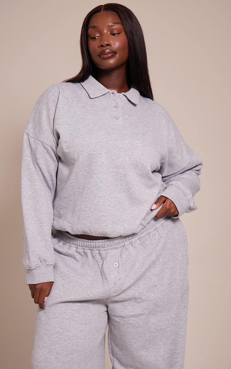 Plus Grey Marl Button Up Long Sleeve Polo Sweatshirt image 1