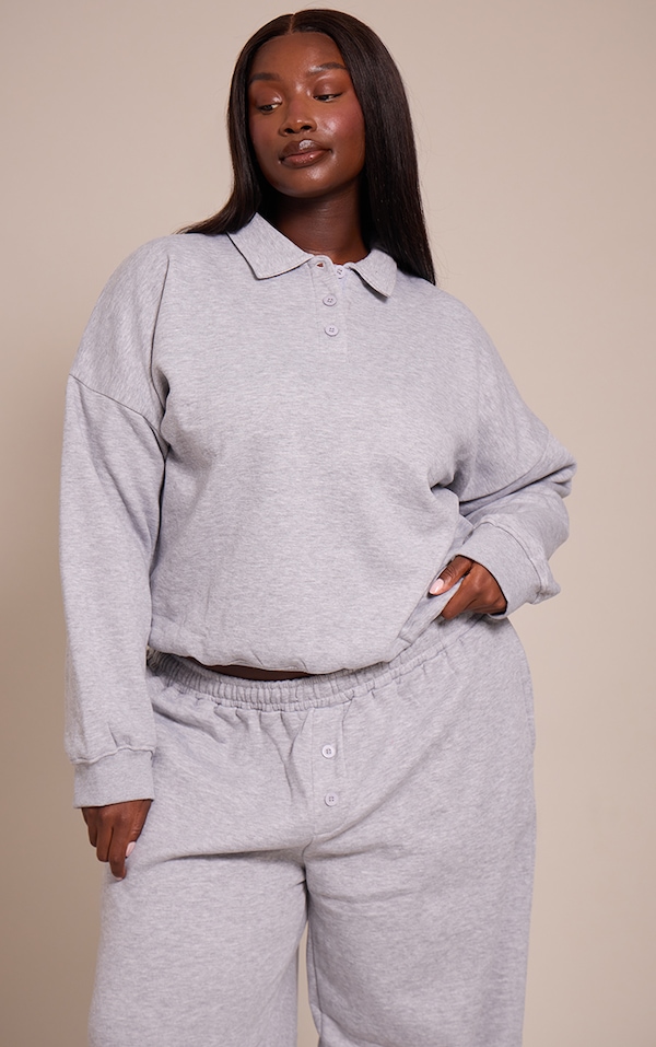 Plus Grey Marl Button Up Long Sleeve Polo Sweatshirt