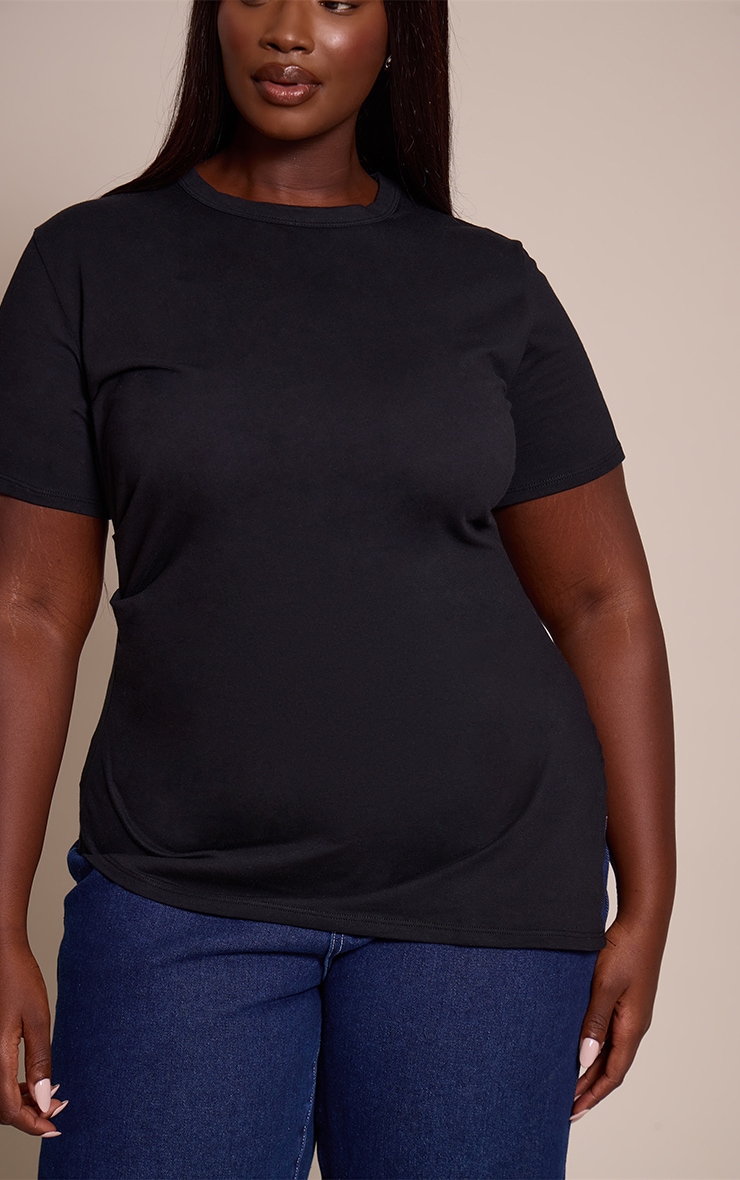 Plus Black Cotton Ruched Side Asymmetric Hem T-shirt image 4