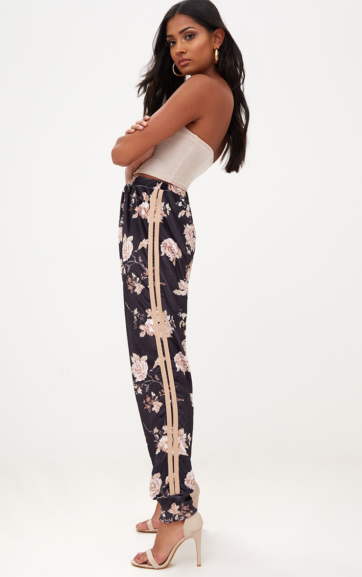 Black Velvet Floral Print Track Stripe Joggers PrettyLittleThing