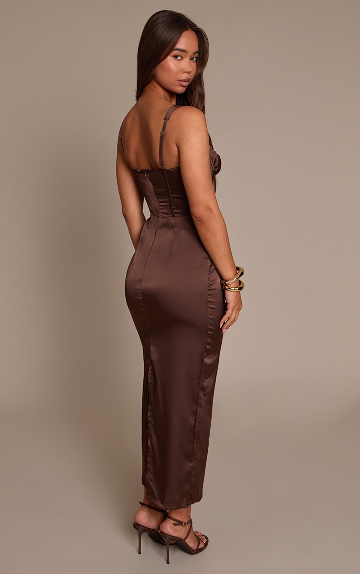 Chocolate Satin Lace Cup Detail Midi Dress image 2