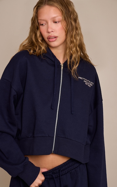 PRETTYLITTLETHING Navy Print Zip Front Hoodie