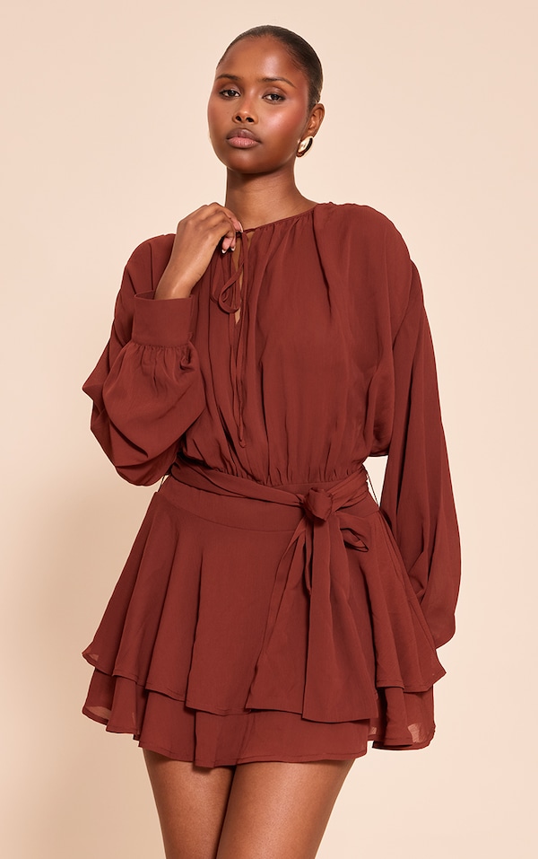 Chocolate Chiffon Belt Wrap Mini Shift Dress