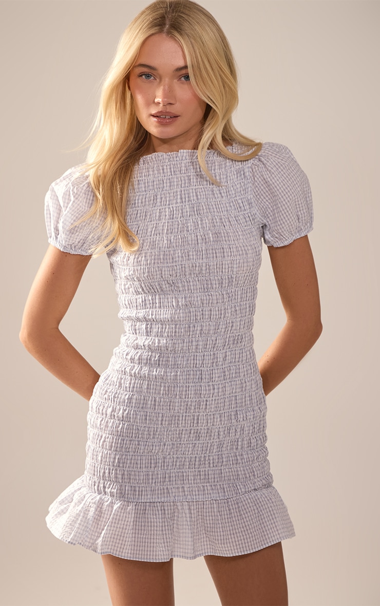 Blue Check Shirred Bodycon Dress