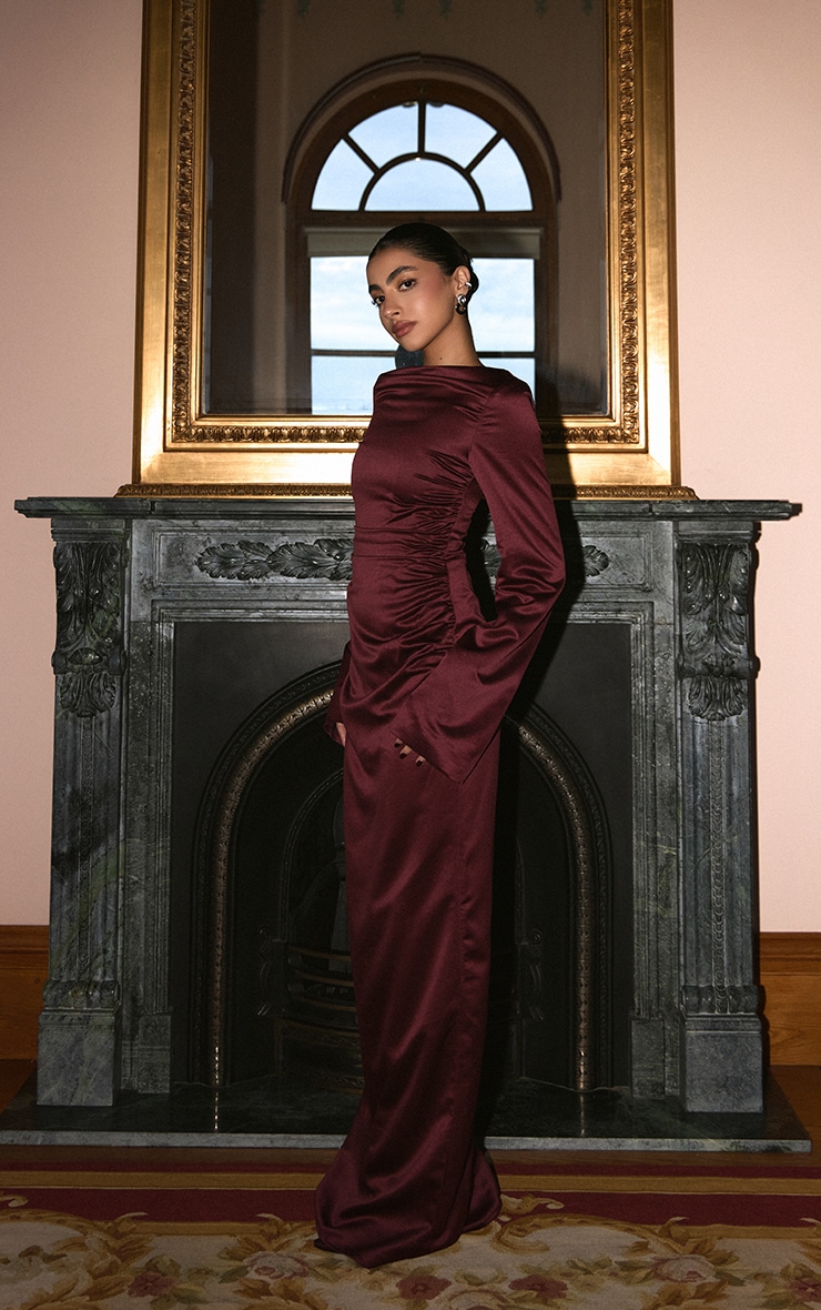 Wine Satin High Neck Flared Sleeve Maxi Dress image 1