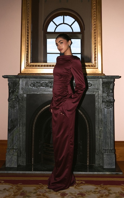 Wine Satin High Neck Flared Sleeve Maxi Dress