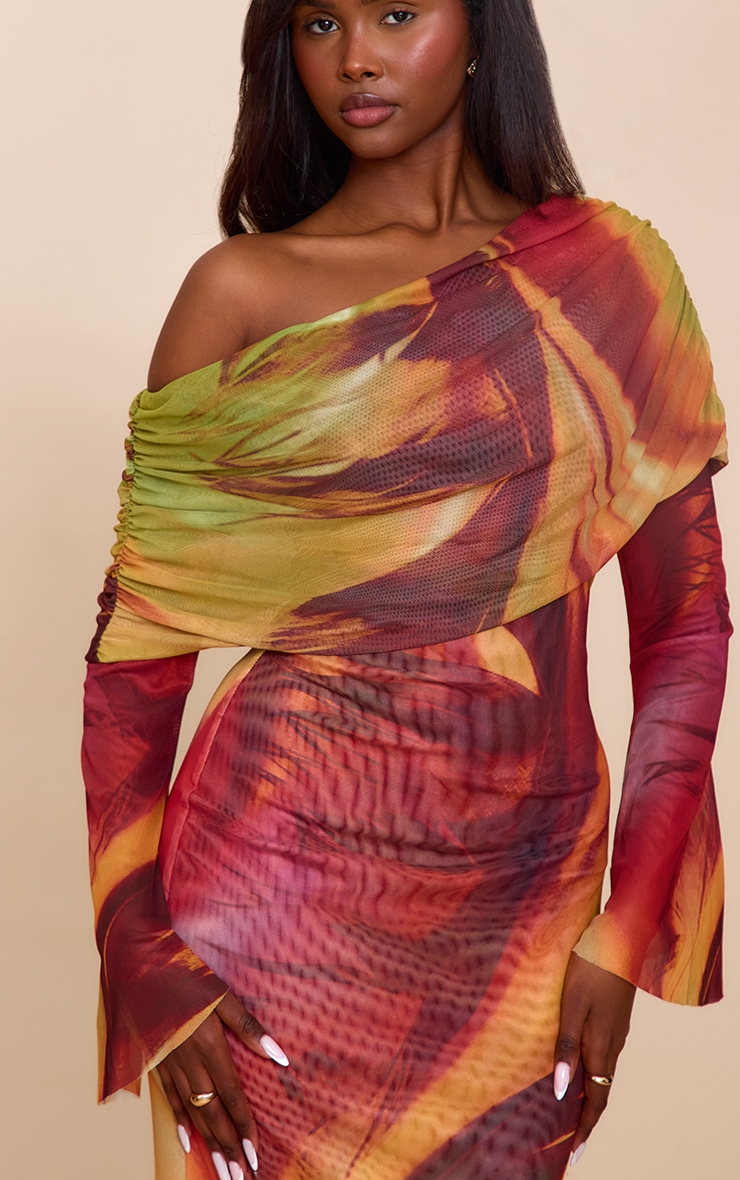 Orange Feather Print Lined Mesh Long Sleeve Maxi Dress image 4