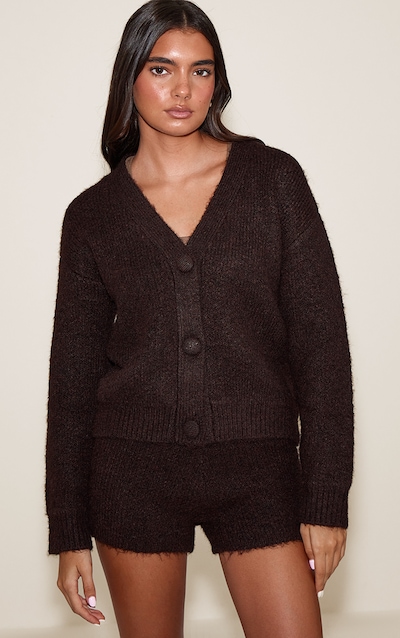 Cardigan brossé chocolat à boutons et manches longues