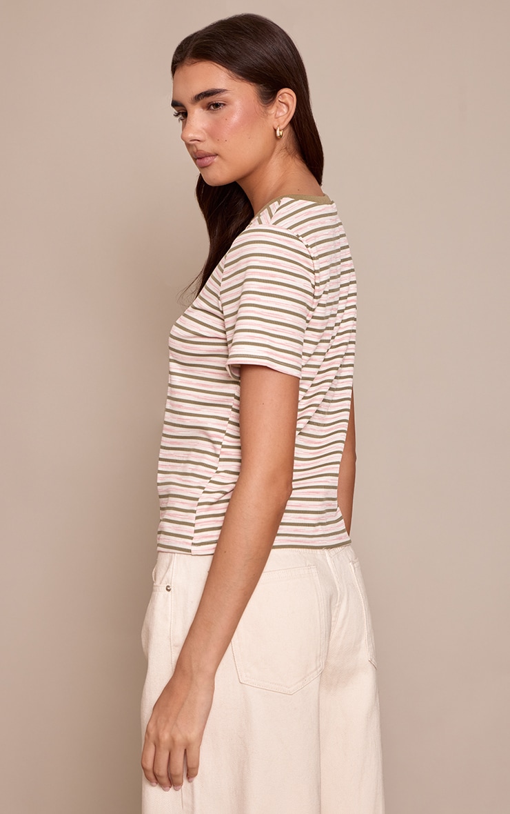 Khaki  Soft Rib Striped Detail  Fitted Short Sleeve Top  image 2