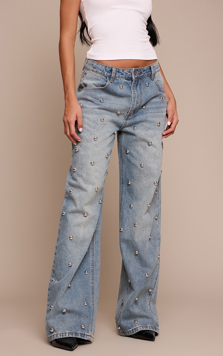 Mid Blue Dome Stud High Waisted Denim Jeans image 2