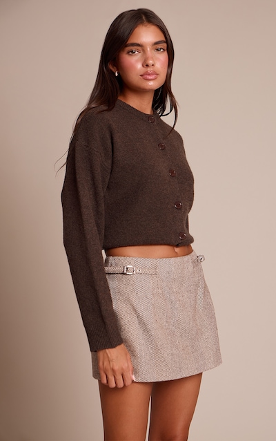 Brown Herringbone Belted Skirt