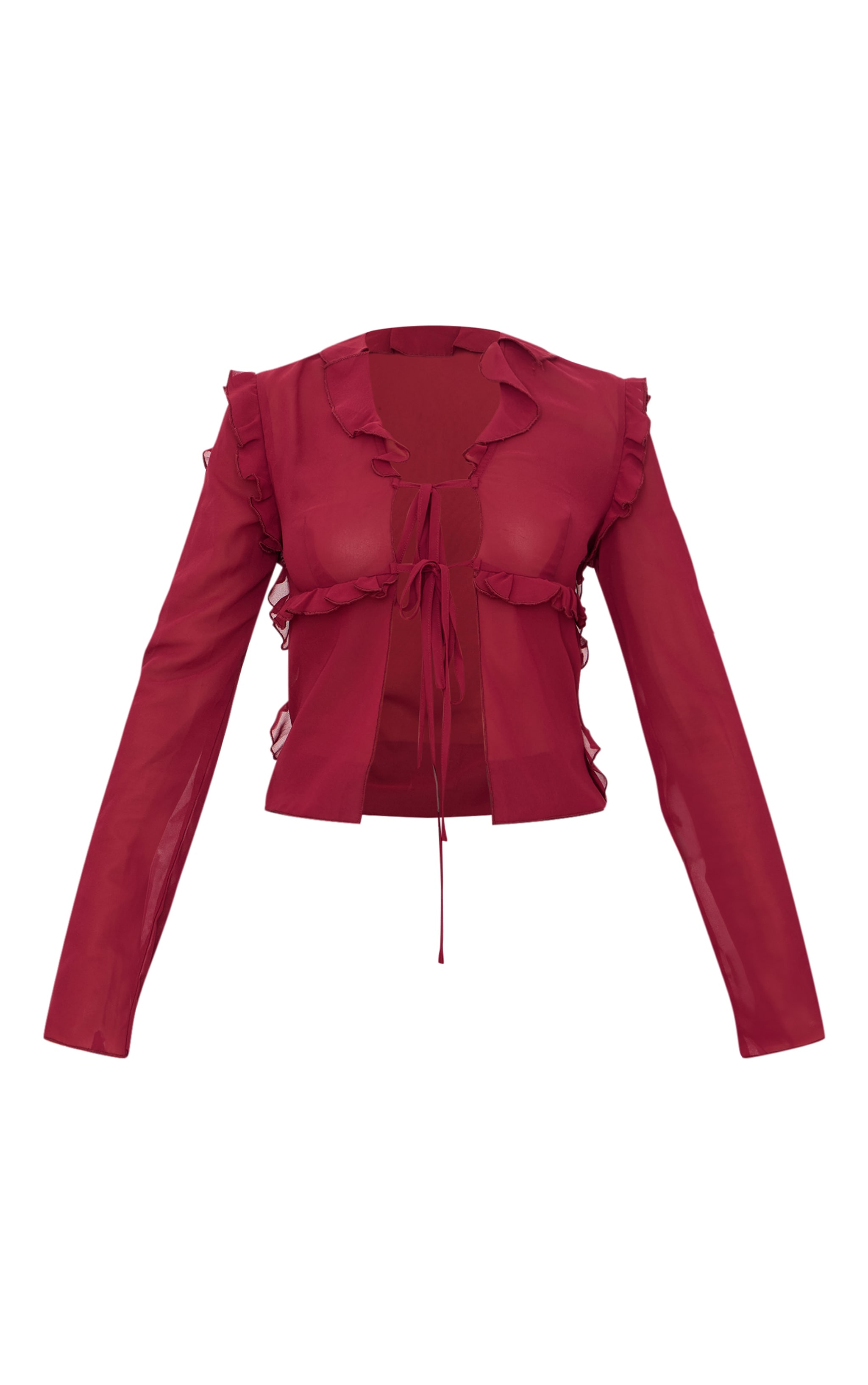 Burgundy Chiffon Ruffle Fitted Tie Front Blouse image 5