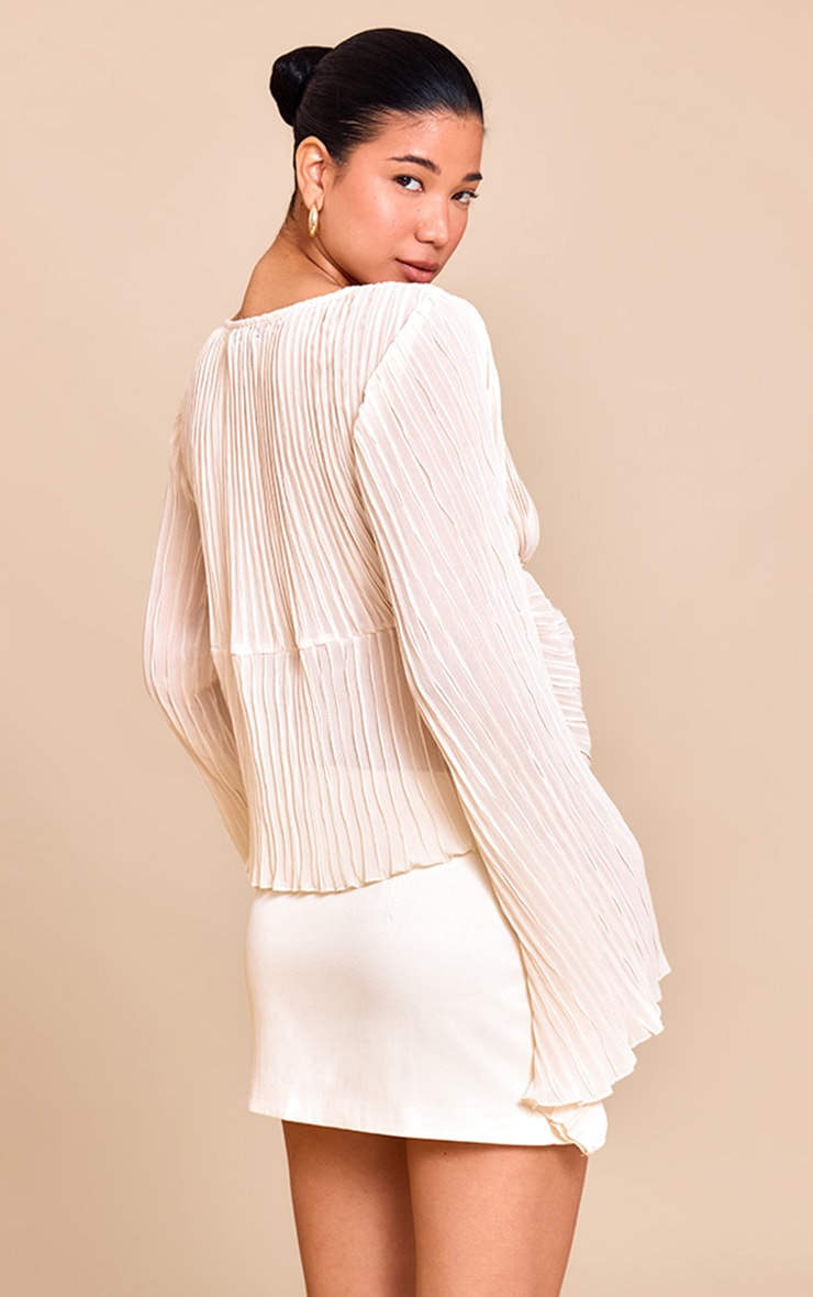 Cream Sheer Plisse Tie Front Flute Sleeve Blouse image 2