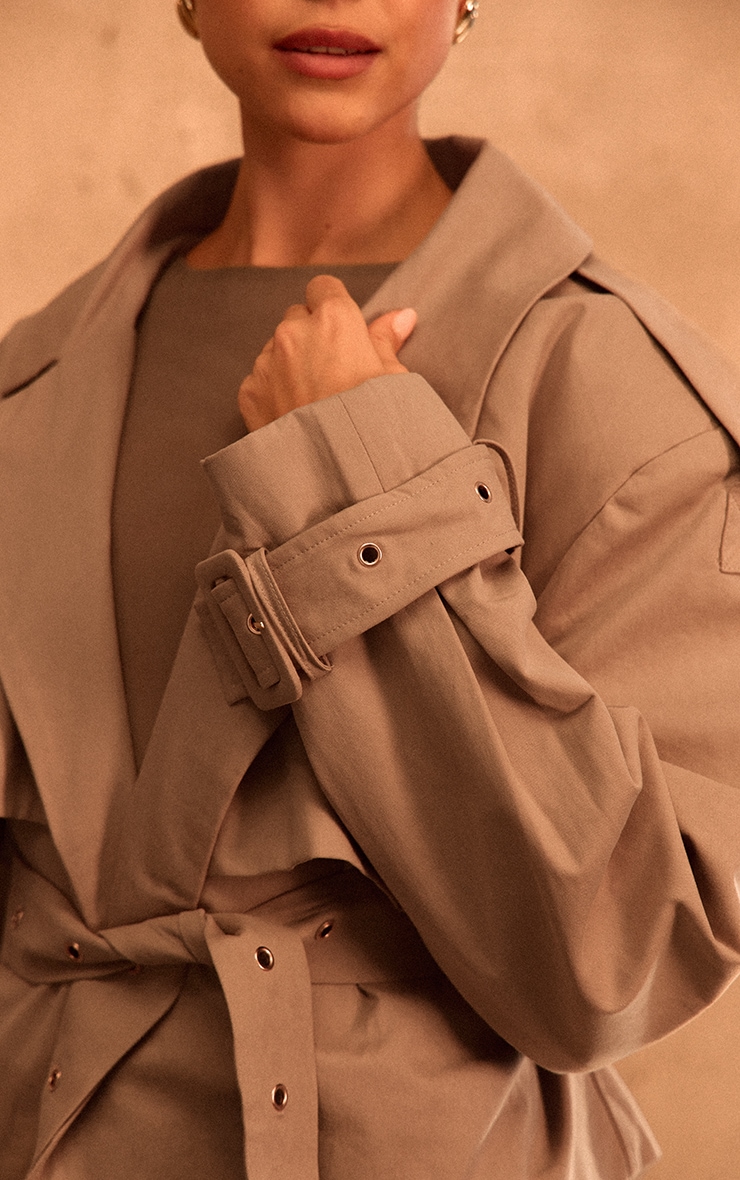 PLT Label Taupe Belt Detail Cropped Trench Coat image 4