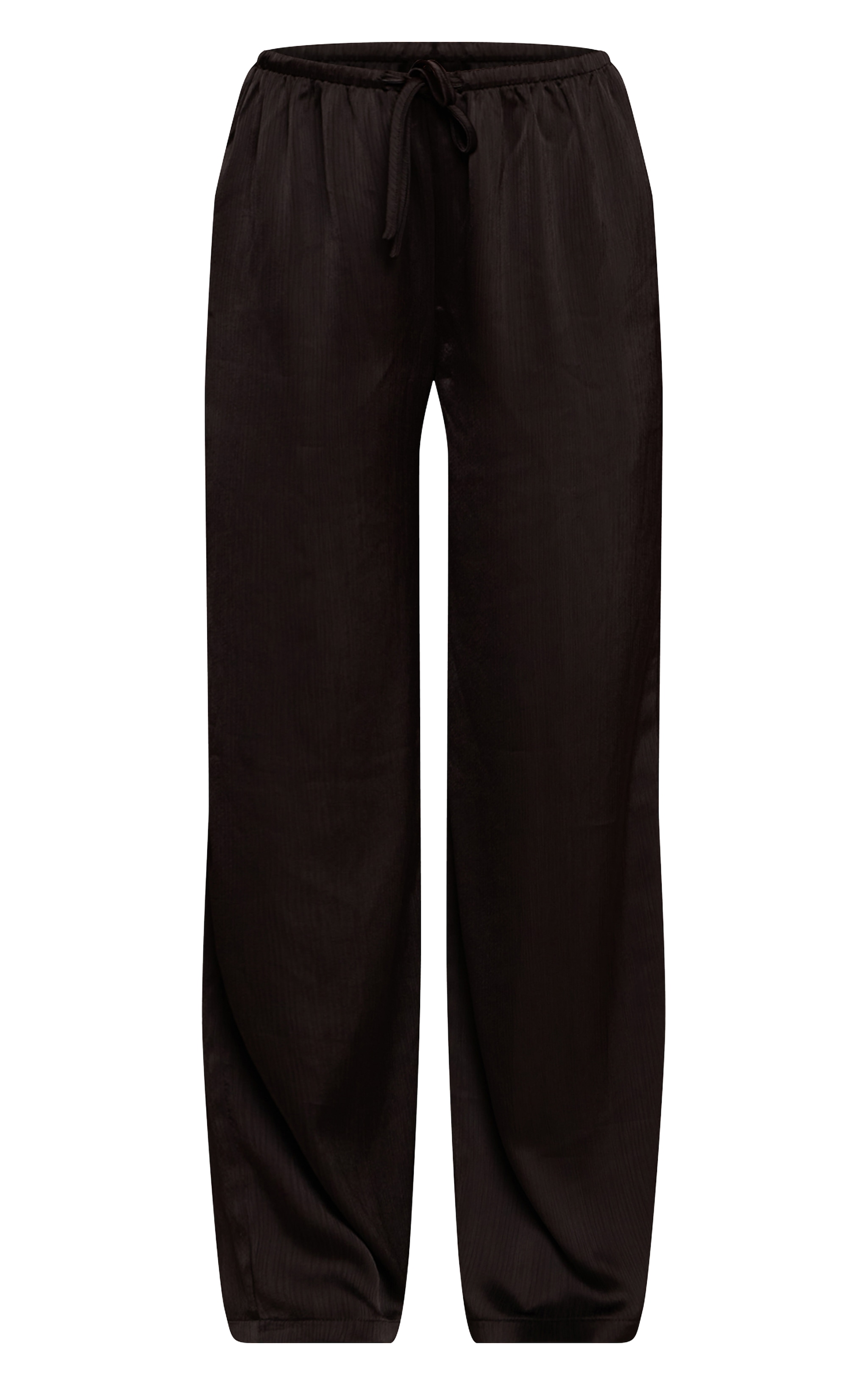 Black Textured Satin Drawstring Straight Leg Pant image 5