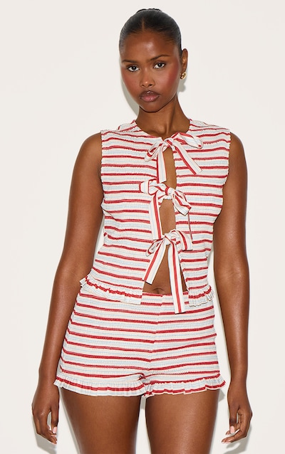 Tomato Red Stripe Tie Front Extreme Shirred Top