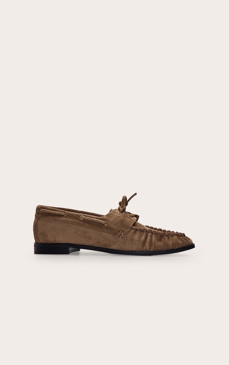 Taupe Faux Suede Ruched Lace Up Loafer image 2