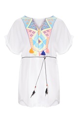 White Embroidered Front Tassel Trim Shift Dress 3