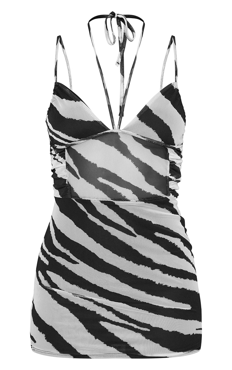 Monochrome Zebra Print Mesh Strappy Bodycon Dress image 5