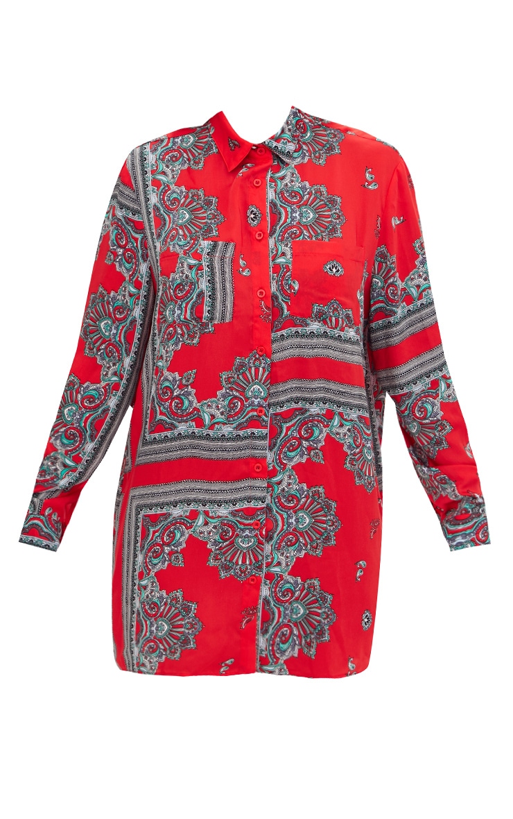Red Scarf Print Shirt Dress Dresses PrettyLittleThing USA