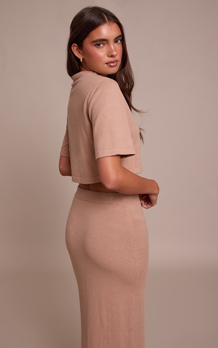 Taupe Short Sleeve Button Through Fine Knit Top image 2