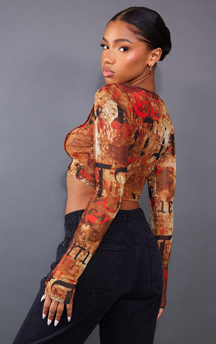 Orange Printed Mesh Cut Out Side Top image 2