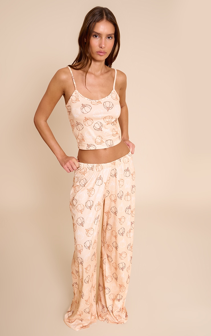 Beige Pumpkin Printed Cami and Wide Leg Pant PJ Set image 1