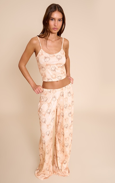 Beige Pumpkin Printed Cami and Wide Leg Pant PJ Set