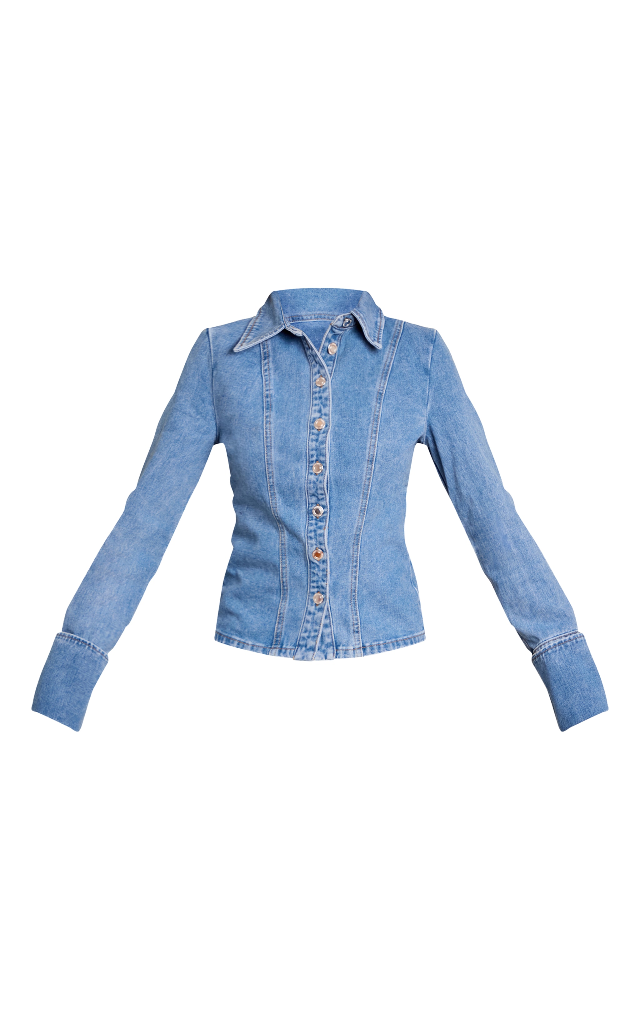 Mid Blue Wash Long Sleeve Cinch Waist Denim Shirt image 5