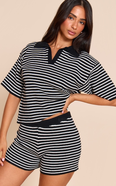 Petite Black Stripe Knitted Oversized Collared Top