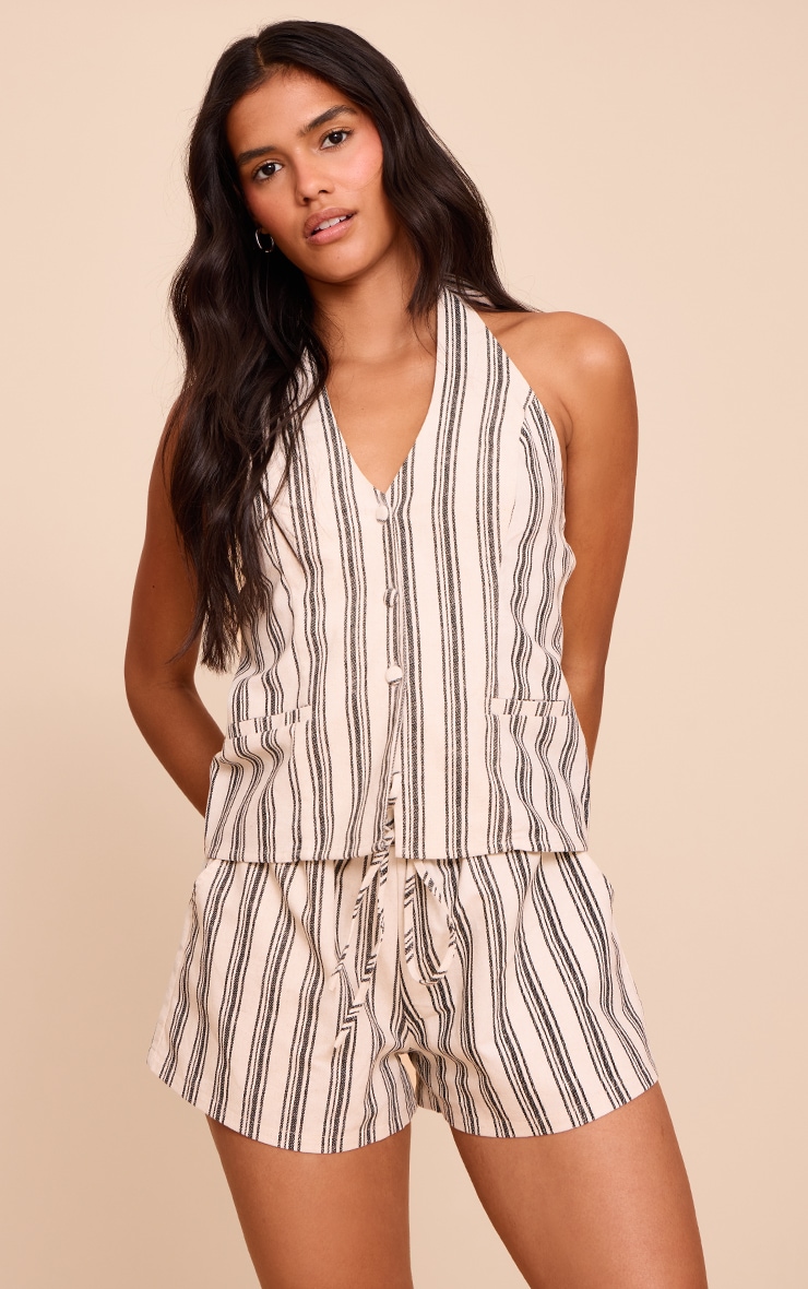 Natural Textured Stripe Drawstring Floaty Shorts image 1