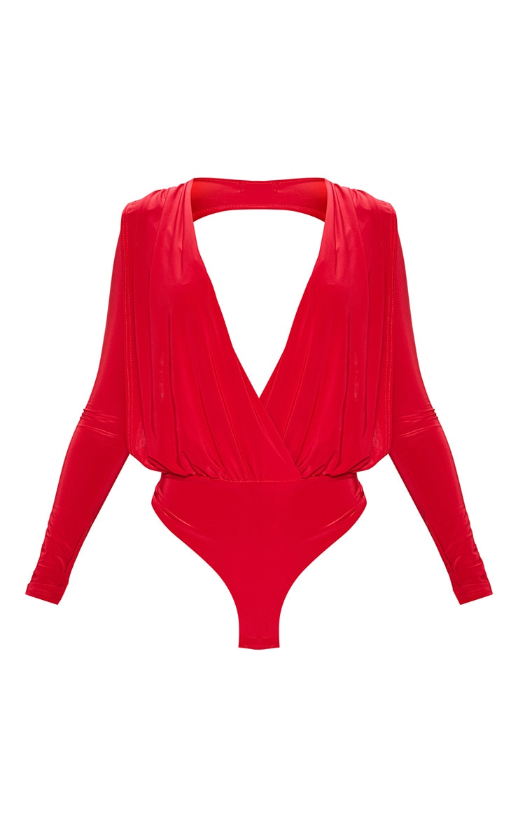 Red Plunge Open Back Slinky Bodysuit image 3