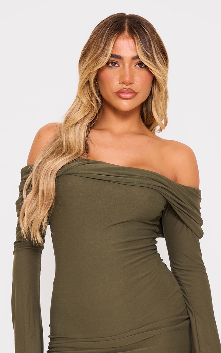 Khaki Soft Touch Twist Bardot Bodycon Dress | Dresses ...