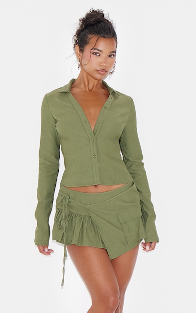 Khaki Woven Long Sleeve Cargo Shirt