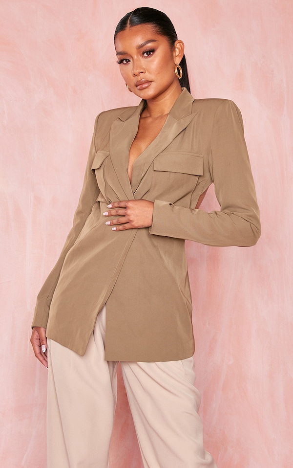 Khaki Open Back Utility Pocket Cinched Blazer PrettyLittleThing