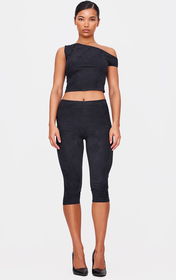 Black Faux Suede Asymmetric Crop Top image 3