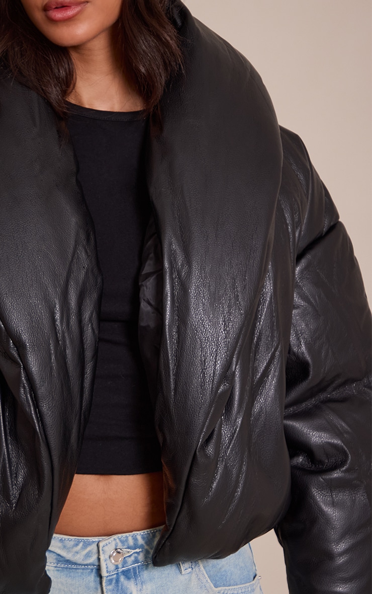 Petite Black Exaggerated Collar PU Puffer Coat image 4
